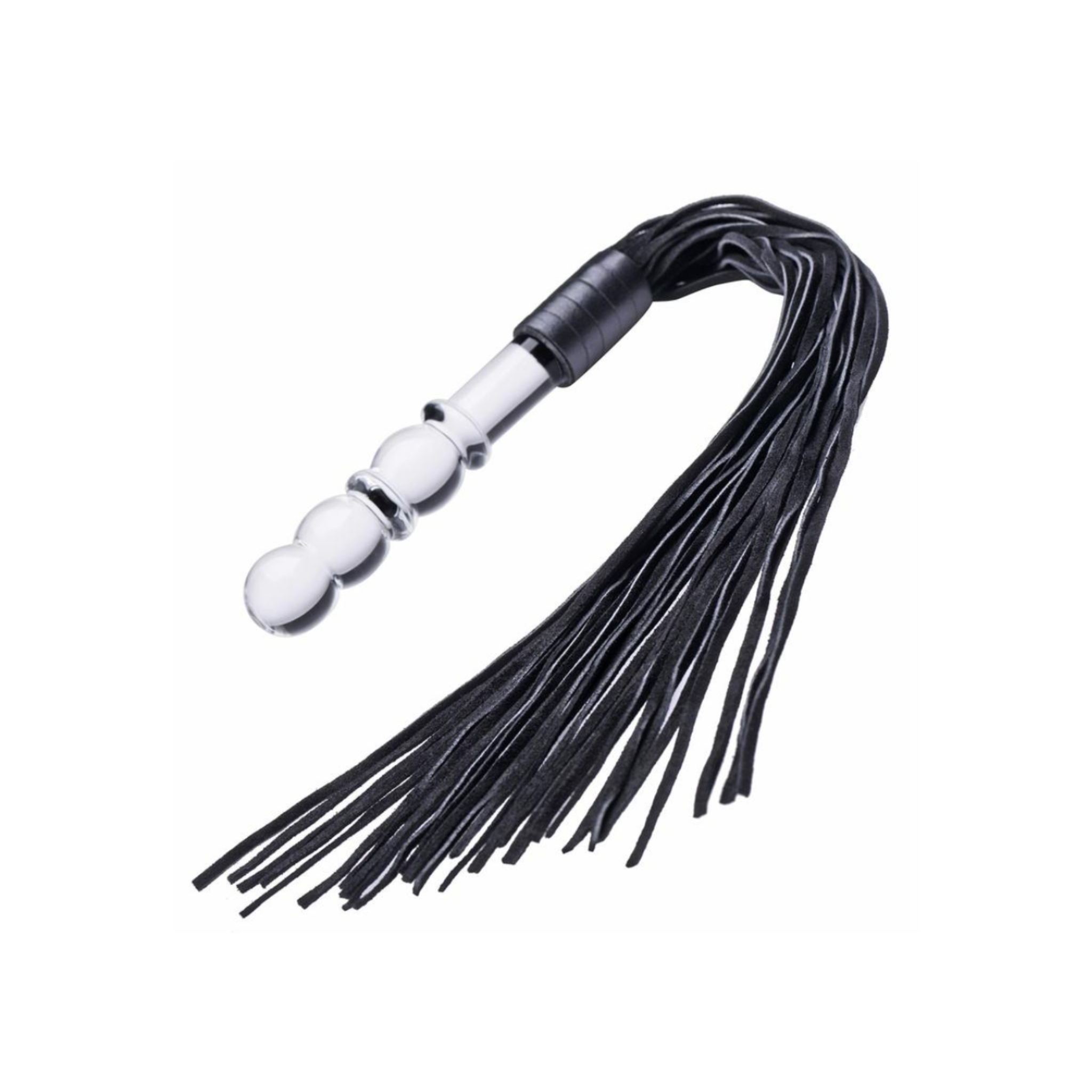 Prisms Lingam Glass Dildo Flogger, black, handcrafted glass, suede falls, temperature-sensitive, dual-purpose dildo.