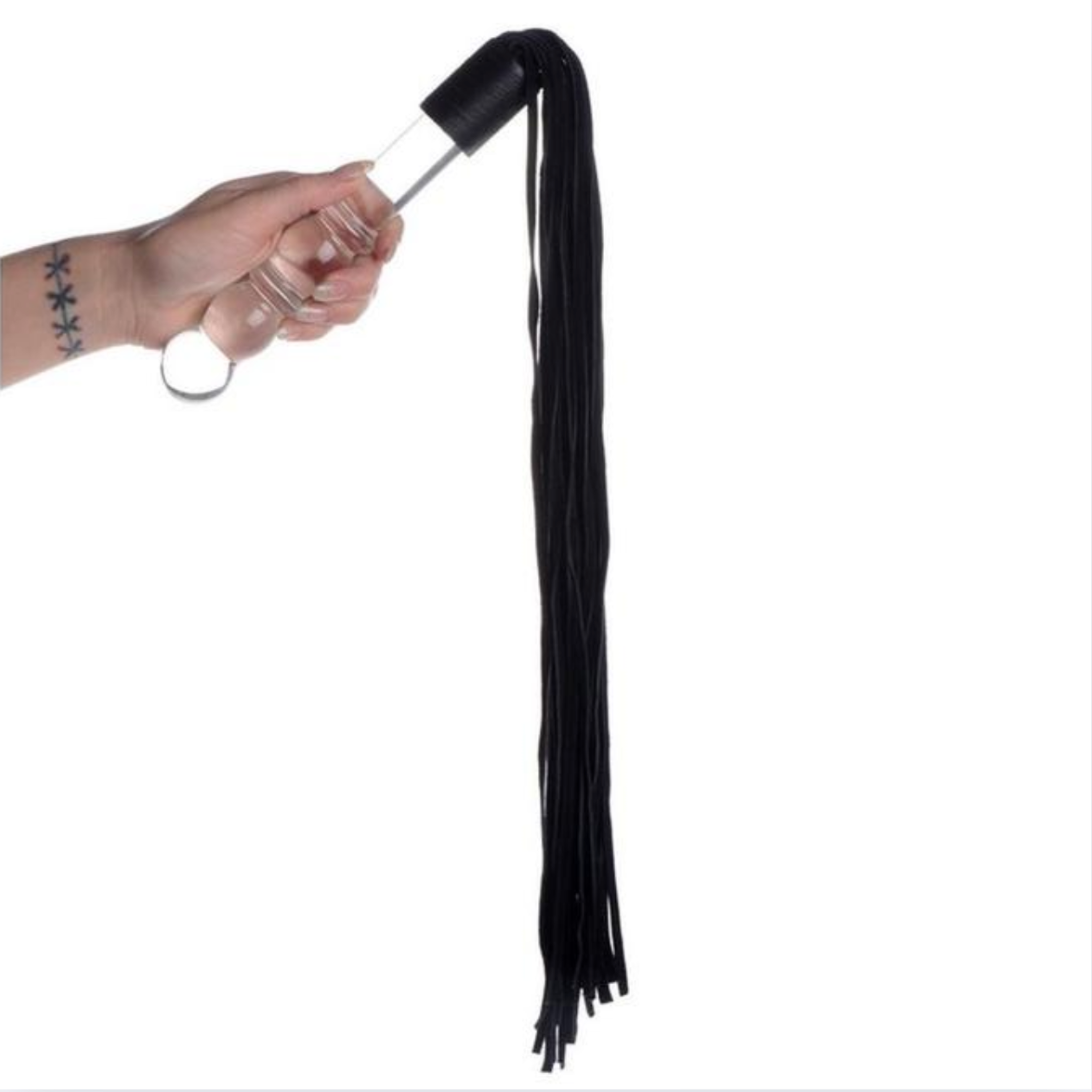 Prisms Lingam Glass Dildo Flogger, black, handcrafted glass, suede falls, temperature-sensitive, dual-purpose dildo.