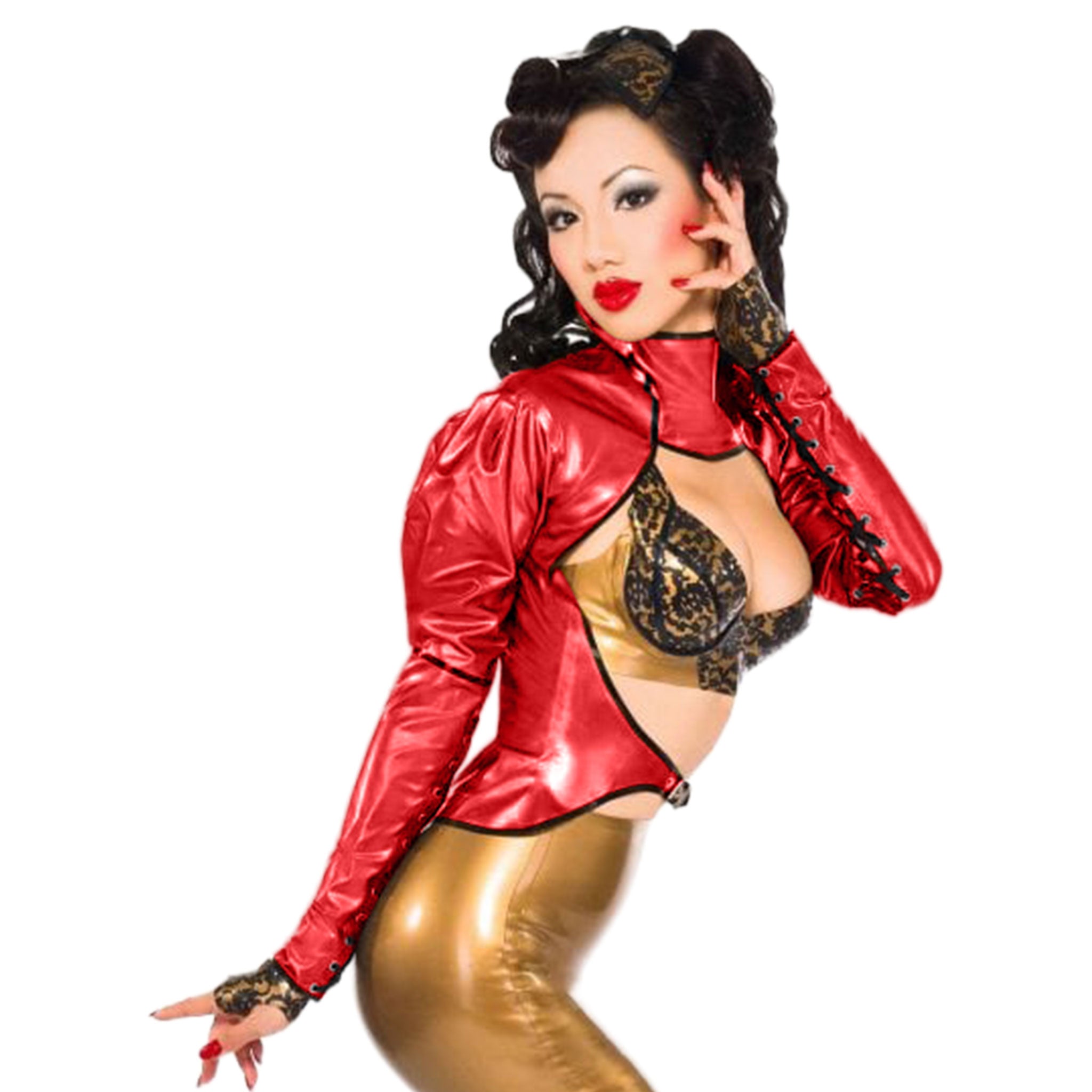 Latex rubber nylon-cording apparel top blouse open-front high-neck longsleeve long-sleeve puff-sleeve sleeves sleeved adjustable buckle laceup-sleeve laceup-forearms zipper back-zip three-quarter contrast-trim fetish fashion alt-fashion clubwear kink kinky kinkwear costume cosplay halloween female femme feminine womens red black