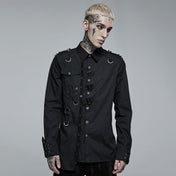 Cotton cotton-webbing tops shirt button-up longsleeve long-sleeve sleeves sleeved lace-up cuffs lapel-collar adjustable buckle D-ring eyelets epaulets skull skeleton skeletal skull-studs asymmetrical uneven slim-fit fitted edgy sleek durable fashion alt-fashion punk dark-punk corporate-goth goth gothic male masculine masc mens menswear guys dudes black