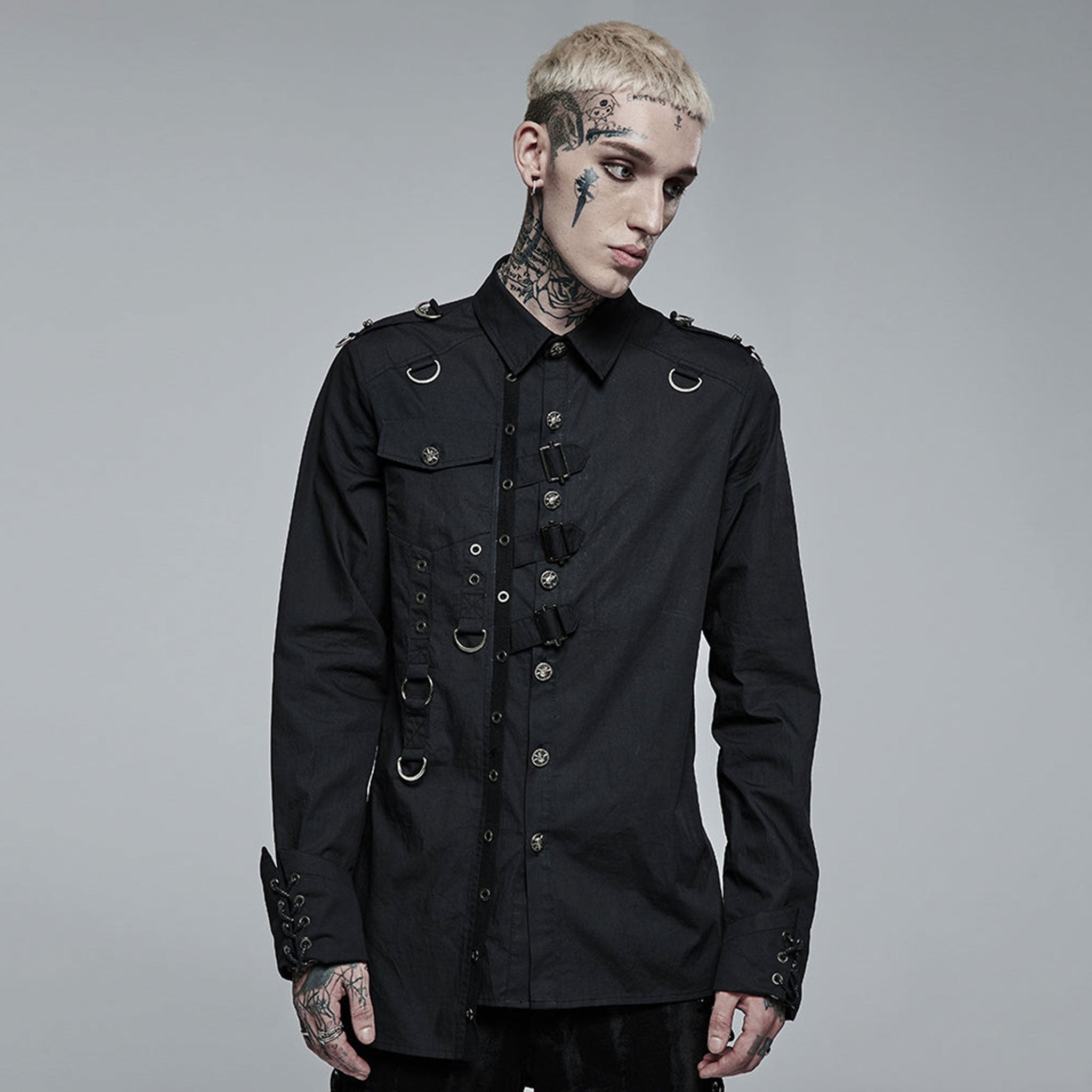 Cotton cotton-webbing tops shirt button-up longsleeve long-sleeve sleeves sleeved lace-up cuffs lapel-collar adjustable buckle D-ring eyelets epaulets skull skeleton skeletal skull-studs asymmetrical uneven slim-fit fitted edgy sleek durable fashion alt-fashion punk dark-punk corporate-goth goth gothic male masculine masc mens menswear guys dudes black