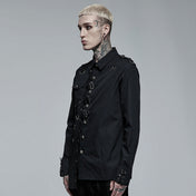 Cotton cotton-webbing tops shirt button-up longsleeve long-sleeve sleeves sleeved lace-up cuffs lapel-collar adjustable buckle D-ring eyelets epaulets skull skeleton skeletal skull-studs asymmetrical uneven slim-fit fitted edgy sleek durable fashion alt-fashion punk dark-punk corporate-goth goth gothic male masculine masc mens menswear guys dudes black