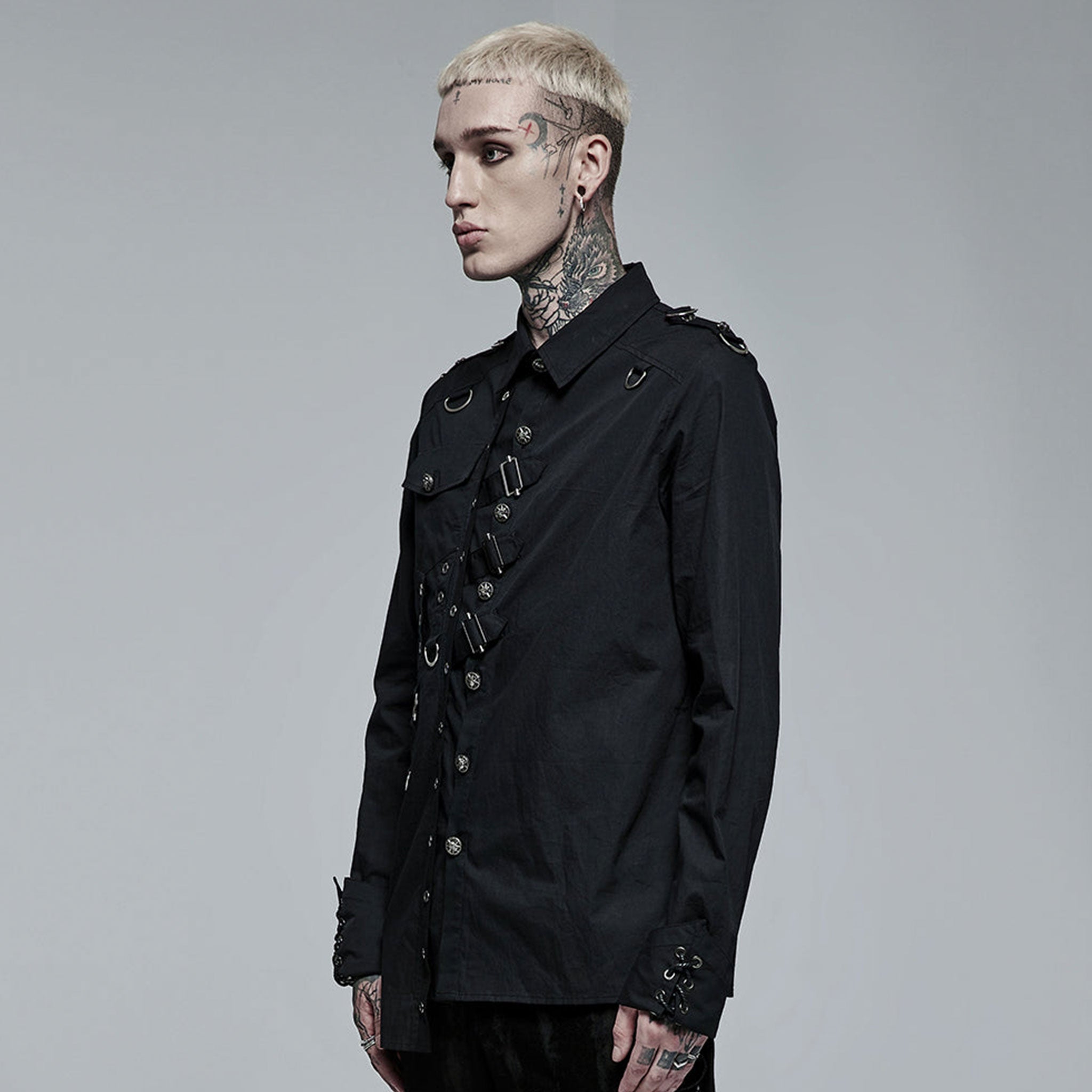 Cotton cotton-webbing tops shirt button-up longsleeve long-sleeve sleeves sleeved lace-up cuffs lapel-collar adjustable buckle D-ring eyelets epaulets skull skeleton skeletal skull-studs asymmetrical uneven slim-fit fitted edgy sleek durable fashion alt-fashion punk dark-punk corporate-goth goth gothic male masculine masc mens menswear guys dudes black