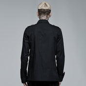 Cotton cotton-webbing tops shirt button-up longsleeve long-sleeve sleeves sleeved lace-up cuffs lapel-collar adjustable buckle D-ring eyelets epaulets skull skeleton skeletal skull-studs asymmetrical uneven slim-fit fitted edgy sleek durable fashion alt-fashion punk dark-punk corporate-goth goth gothic male masculine masc mens menswear guys dudes black
