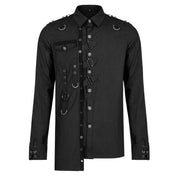 Cotton cotton-webbing tops shirt button-up longsleeve long-sleeve sleeves sleeved lace-up cuffs lapel-collar adjustable buckle D-ring eyelets epaulets skull skeleton skeletal skull-studs asymmetrical uneven slim-fit fitted edgy sleek durable fashion alt-fashion punk dark-punk corporate-goth goth gothic male masculine masc mens menswear guys dudes black