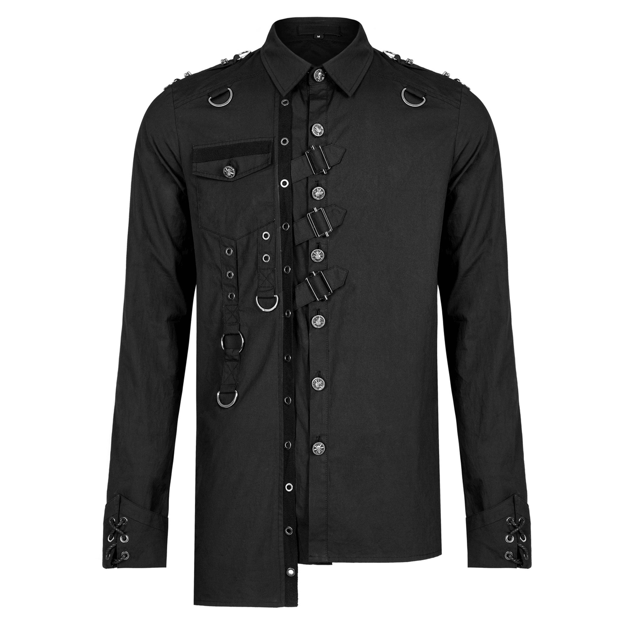 Cotton cotton-webbing tops shirt button-up longsleeve long-sleeve sleeves sleeved lace-up cuffs lapel-collar adjustable buckle D-ring eyelets epaulets skull skeleton skeletal skull-studs asymmetrical uneven slim-fit fitted edgy sleek durable fashion alt-fashion punk dark-punk corporate-goth goth gothic male masculine masc mens menswear guys dudes black