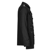 Cotton cotton-webbing tops shirt button-up longsleeve long-sleeve sleeves sleeved lace-up cuffs lapel-collar adjustable buckle D-ring eyelets epaulets skull skeleton skeletal skull-studs asymmetrical uneven slim-fit fitted edgy sleek durable fashion alt-fashion punk dark-punk corporate-goth goth gothic male masculine masc mens menswear guys dudes black