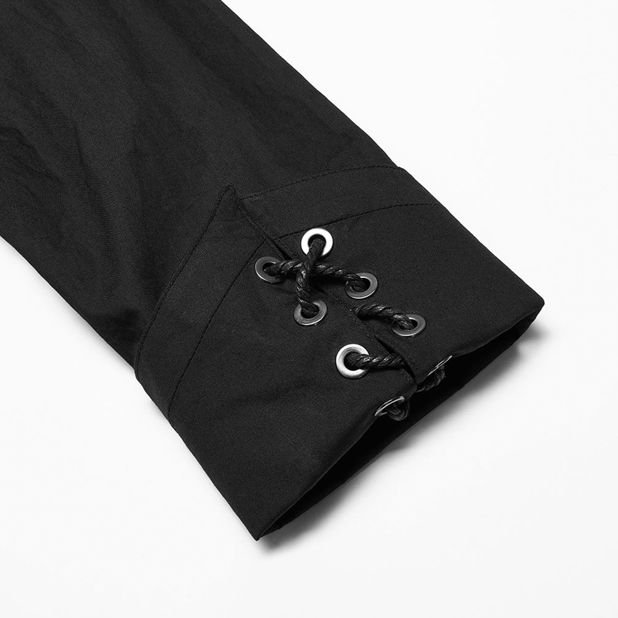 Cotton cotton-webbing tops shirt button-up longsleeve long-sleeve sleeves sleeved lace-up cuffs lapel-collar adjustable buckle D-ring eyelets epaulets skull skeleton skeletal skull-studs asymmetrical uneven slim-fit fitted edgy sleek durable fashion alt-fashion punk dark-punk corporate-goth goth gothic male masculine masc mens menswear guys dudes black