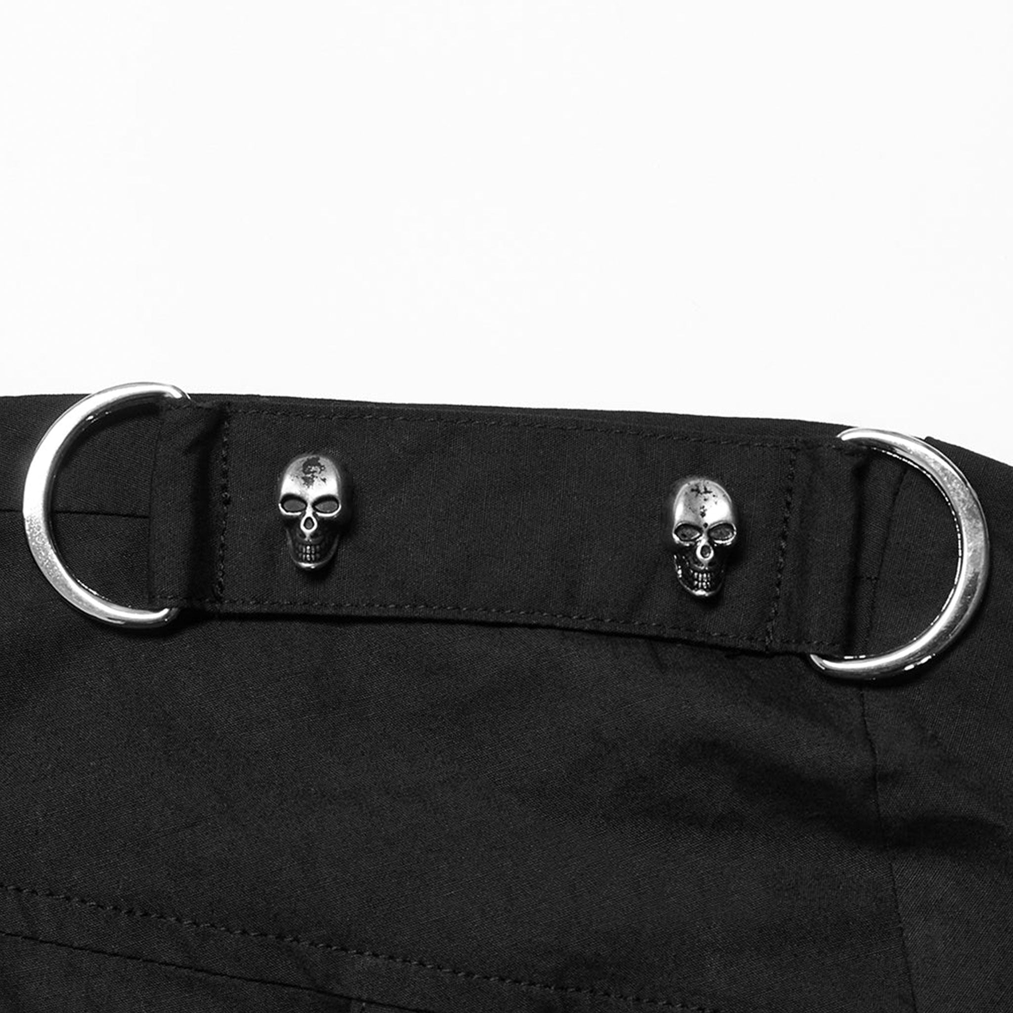 Cotton cotton-webbing tops shirt button-up longsleeve long-sleeve sleeves sleeved lace-up cuffs lapel-collar adjustable buckle D-ring eyelets epaulets skull skeleton skeletal skull-studs asymmetrical uneven slim-fit fitted edgy sleek durable fashion alt-fashion punk dark-punk corporate-goth goth gothic male masculine masc mens menswear guys dudes black