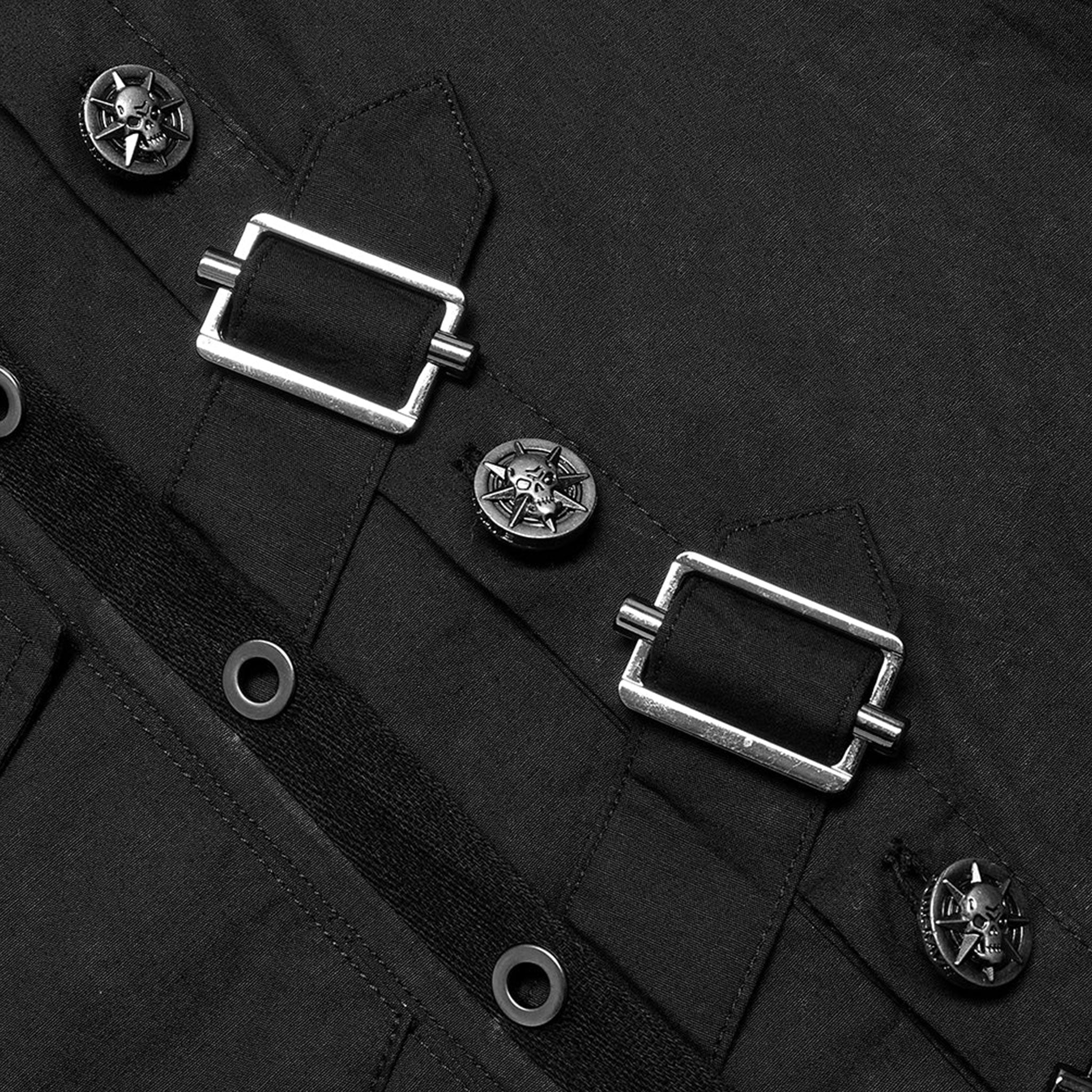 Cotton cotton-webbing tops shirt button-up dress-shirt longsleeve long-sleeve sleeves sleeved lace-up cuffs lapel-collar adjustable buckle D-ring eyelets epaulets skull skeleton skeletal skull-studs asymmetrical uneven slim-fit fitted edgy sleek durable fashion alt-fashion punk dark-punk corporate-goth goth gothic male masculine masc mens menswear guys dudes black