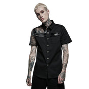 punk asymmetric net sleeve shirt mesh sleeve black shirt PU faux leather accents spikes metallic buttons goth cyberpunk clothing alternative fashion edgy streetwear statement shirt