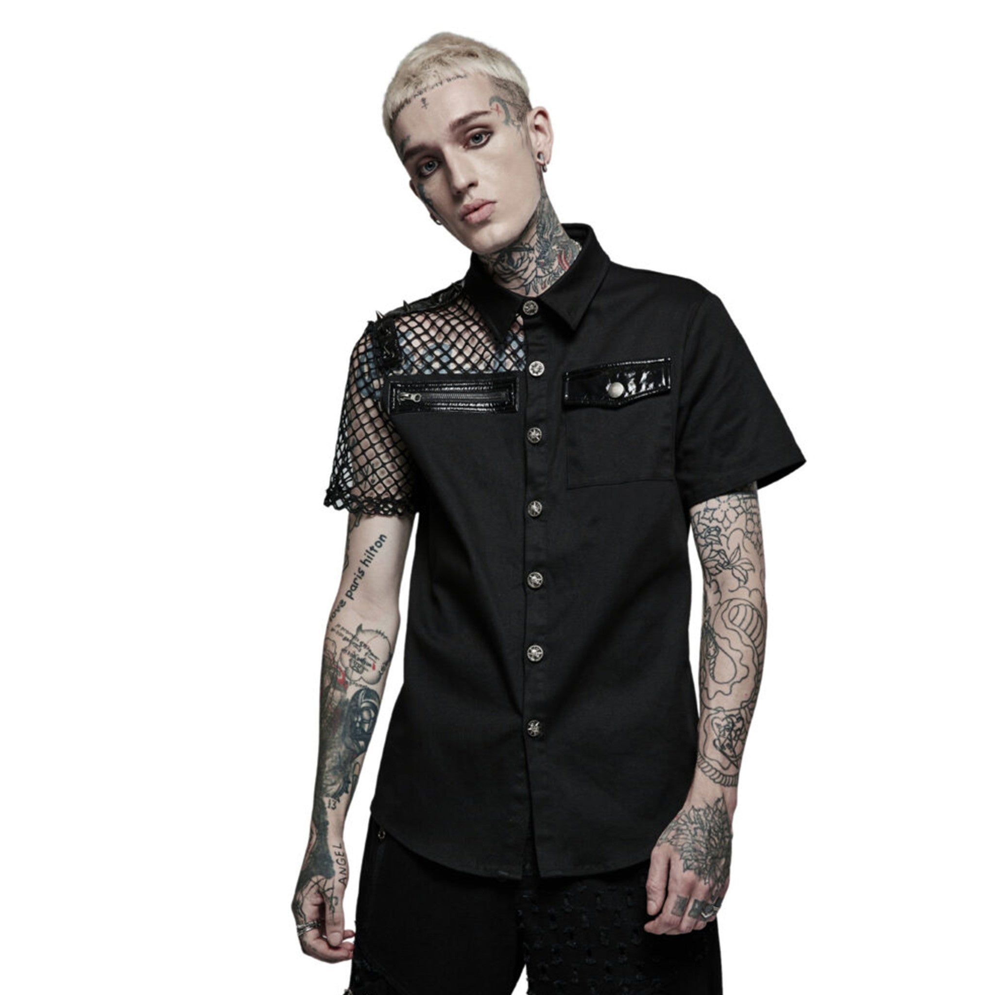 punk asymmetric net sleeve shirt mesh sleeve black shirt PU faux leather accents spikes metallic buttons goth cyberpunk clothing alternative fashion edgy streetwear statement shirt