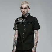 Cotton elastane polyester polyurethane viscose faux-leather mesh-net apparel tops shirt shortsleeve short-sleeve sleeves sleeved button-up button-down breast-pocket zip zipper spike spikes spiked straight-cut asymmetrical-design shiny glossy edgy fetish fashion alt-fashion alternative punk goth gothic cyberpunk clubbing clubwear rave ravewear streetwear statement afterdark-collection halloween halloween-couture male masculine masc mens guys dudes black