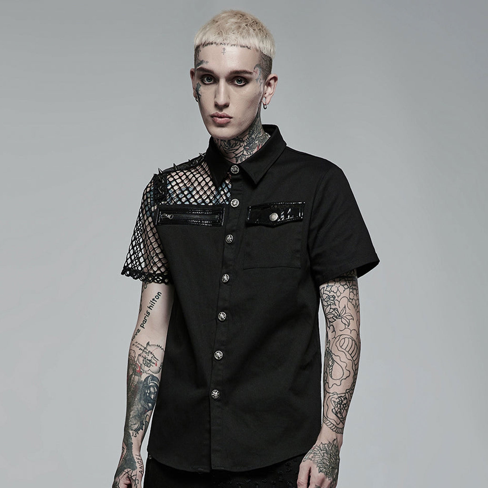 Cotton elastane polyester polyurethane viscose faux-leather mesh-net apparel tops shirt shortsleeve short-sleeve sleeves sleeved button-up button-down breast-pocket zip zipper spike spikes spiked straight-cut asymmetrical-design shiny glossy edgy fetish fashion alt-fashion alternative punk goth gothic cyberpunk clubbing clubwear rave ravewear streetwear statement afterdark-collection halloween halloween-couture male masculine masc mens guys dudes black