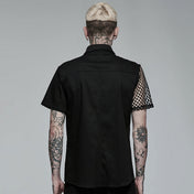 Cotton elastane polyester polyurethane viscose faux-leather mesh-net apparel tops shirt shortsleeve short-sleeve sleeves sleeved button-up button-down breast-pocket zip zipper spike spikes spiked straight-cut asymmetrical-design shiny glossy edgy fetish fashion alt-fashion alternative punk goth gothic cyberpunk clubbing clubwear rave ravewear streetwear statement afterdark-collection halloween halloween-couture male masculine masc mens guys dudes black