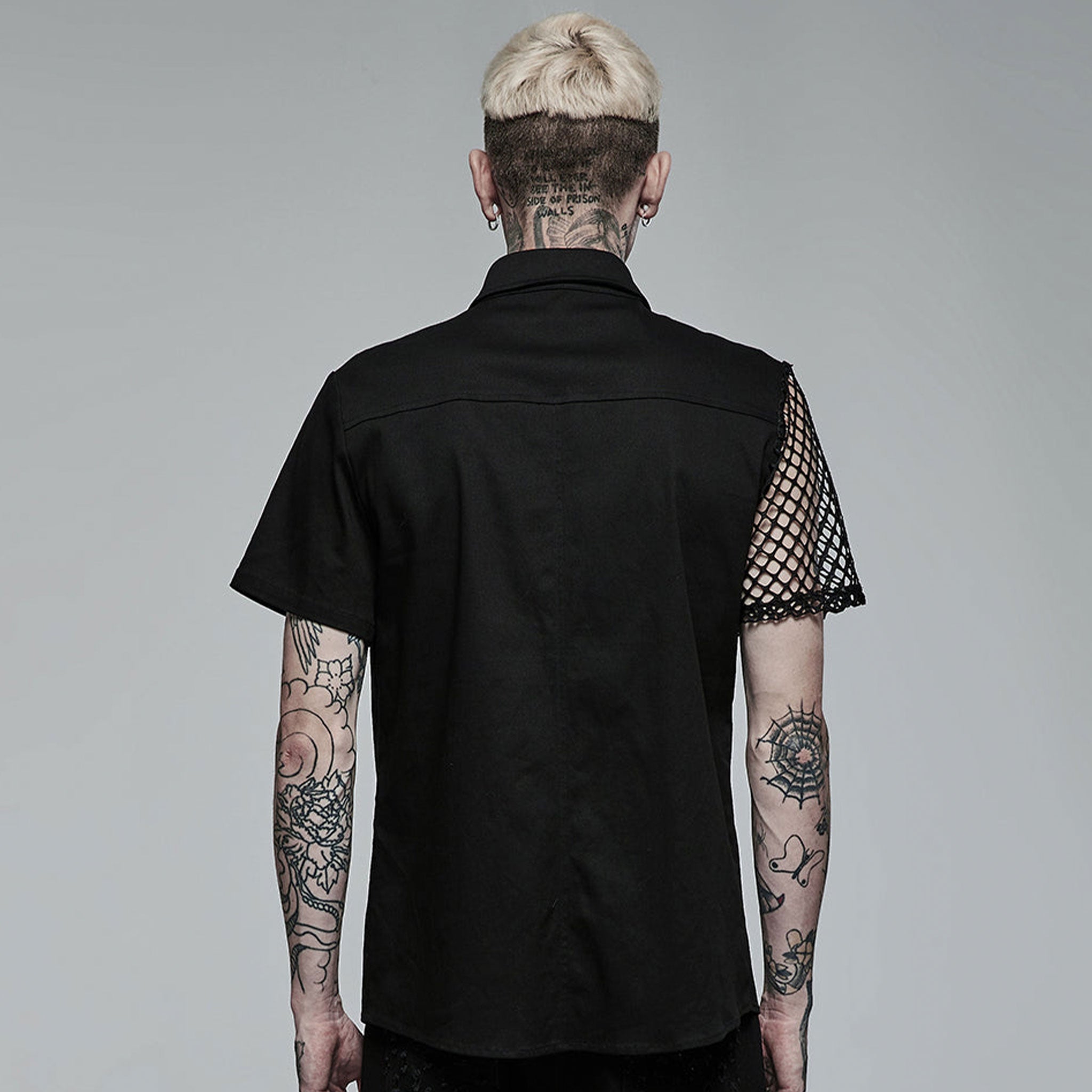 Cotton elastane polyester polyurethane viscose faux-leather mesh-net apparel tops shirt shortsleeve short-sleeve sleeves sleeved button-up button-down breast-pocket zip zipper spike spikes spiked straight-cut asymmetrical-design shiny glossy edgy fetish fashion alt-fashion alternative punk goth gothic cyberpunk clubbing clubwear rave ravewear streetwear statement afterdark-collection halloween halloween-couture male masculine masc mens guys dudes black