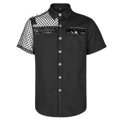 Cotton elastane polyester polyurethane viscose faux-leather mesh-net apparel tops shirt shortsleeve short-sleeve sleeves sleeved button-up button-down breast-pocket zip zipper spike spikes spiked straight-cut asymmetrical-design shiny glossy edgy fetish fashion alt-fashion alternative punk goth gothic cyberpunk clubbing clubwear rave ravewear streetwear statement afterdark-collection halloween halloween-couture male masculine masc mens guys dudes black