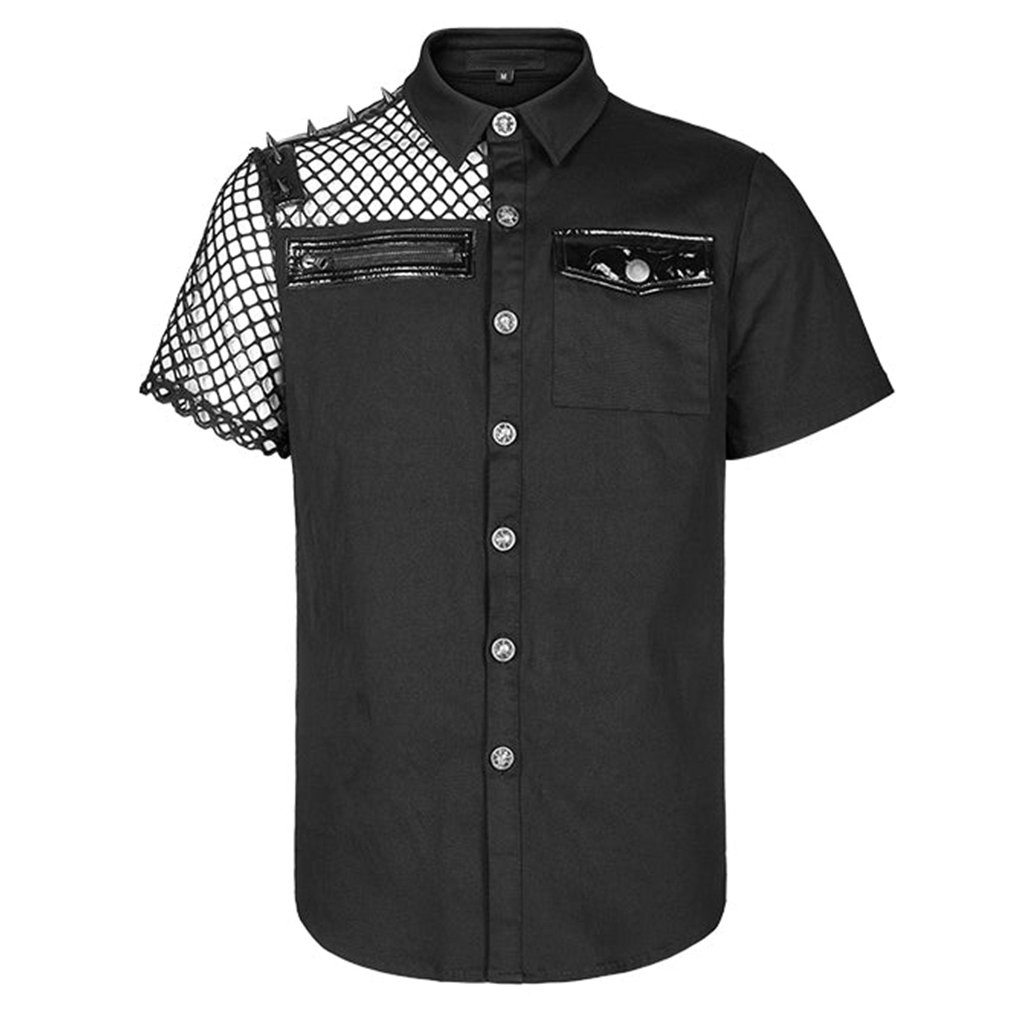 Cotton elastane polyester polyurethane viscose faux-leather mesh-net apparel tops shirt shortsleeve short-sleeve sleeves sleeved button-up button-down breast-pocket zip zipper spike spikes spiked straight-cut asymmetrical-design shiny glossy edgy fetish fashion alt-fashion alternative punk goth gothic cyberpunk clubbing clubwear rave ravewear streetwear statement afterdark-collection halloween halloween-couture male masculine masc mens guys dudes black