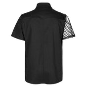 Cotton elastane polyester polyurethane viscose faux-leather mesh-net apparel tops shirt shortsleeve short-sleeve sleeves sleeved button-up button-down breast-pocket zip zipper spike spikes spiked straight-cut asymmetrical-design shiny glossy edgy fetish fashion alt-fashion alternative punk goth gothic cyberpunk clubbing clubwear rave ravewear streetwear statement afterdark-collection halloween halloween-couture male masculine masc mens guys dudes black