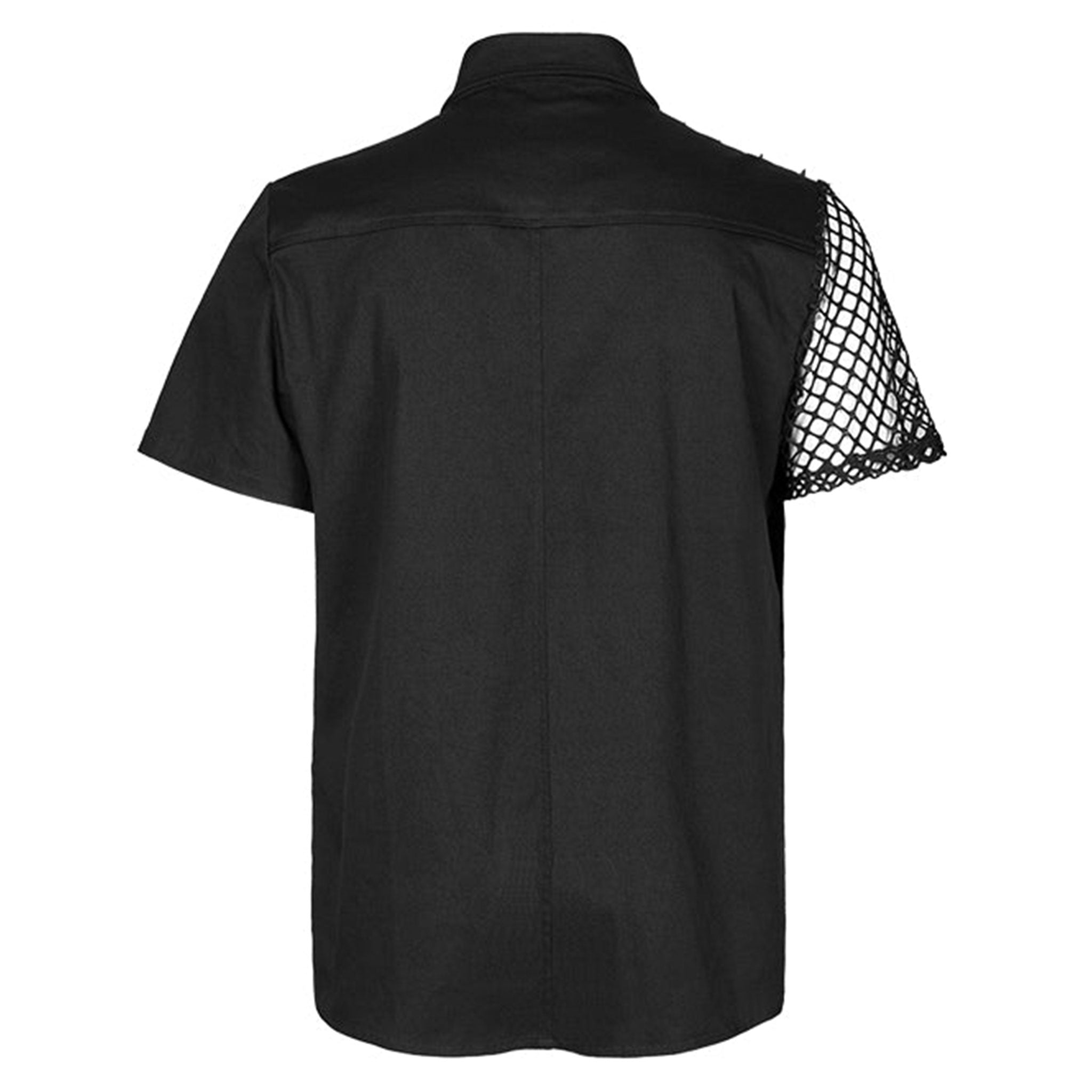 Cotton elastane polyester polyurethane viscose faux-leather mesh-net apparel tops shirt shortsleeve short-sleeve sleeves sleeved button-up button-down breast-pocket zip zipper spike spikes spiked straight-cut asymmetrical-design shiny glossy edgy fetish fashion alt-fashion alternative punk goth gothic cyberpunk clubbing clubwear rave ravewear streetwear statement afterdark-collection halloween halloween-couture male masculine masc mens guys dudes black
