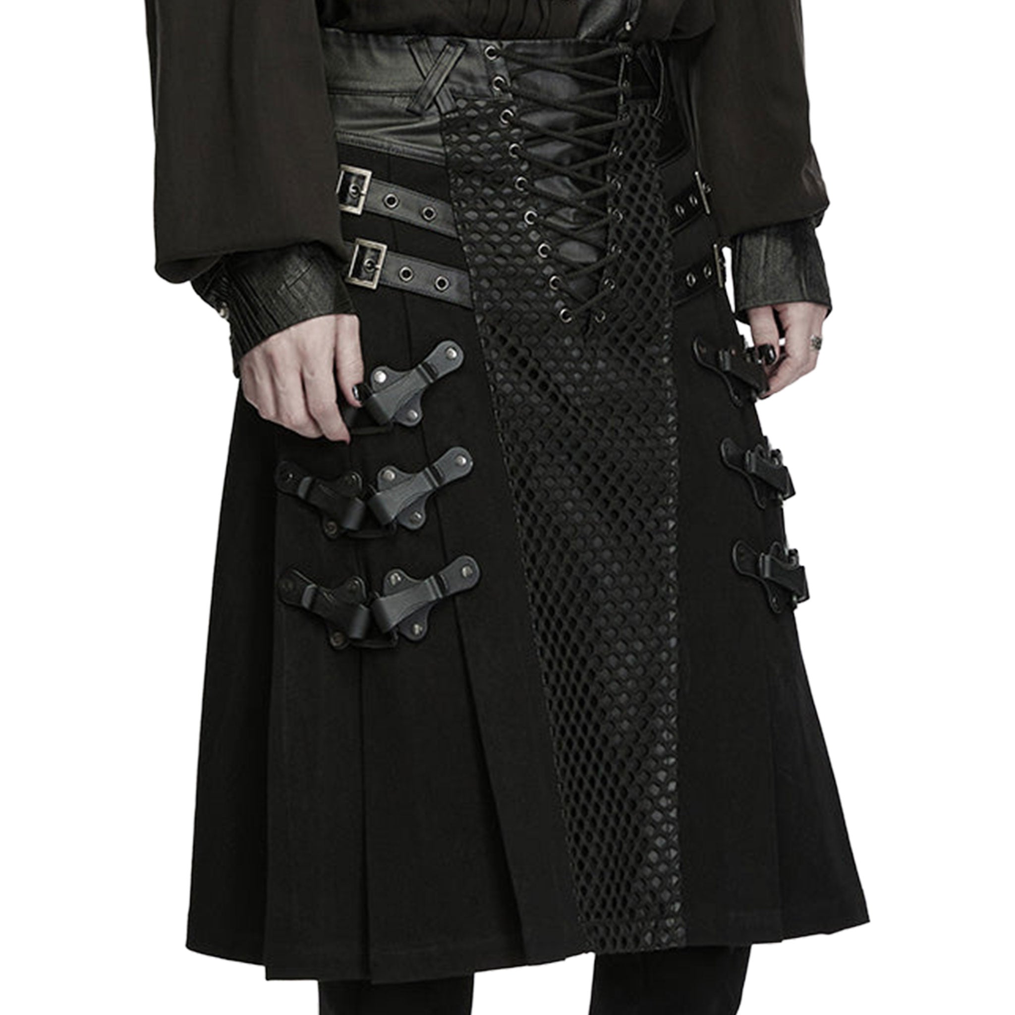 Cotton cotton-twill polyester PU elastane wetlook leather-accents fishnet cargo-net grommets plastic apparel bottom skirt pleated-skirt kilt back-pockets patch-pockets adjustable buckles lace-up belt-loops plastic-clips riveted-clips triangular-ring loose-fit versatile textured chaotic fashion alt-fashion punk goth gothic cyber post-apocalyptic costume cosplay halloween afterdark-collection male masculine masc mens menswear guys dudes gender-expressive black