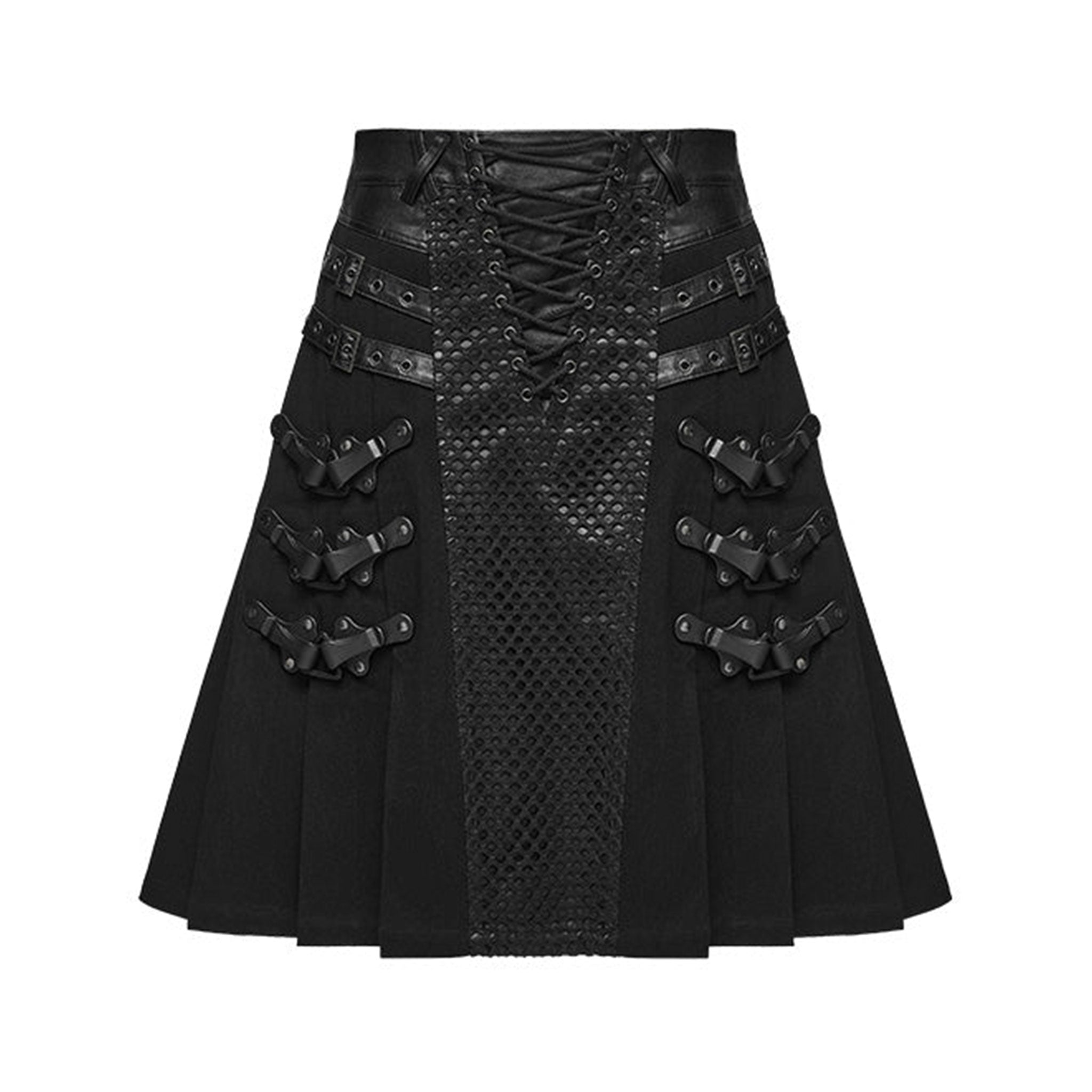Cotton cotton-twill polyester PU elastane wetlook leather-accents fishnet cargo-net grommets plastic apparel bottom skirt pleated-skirt kilt back-pockets patch-pockets adjustable buckles lace-up belt-loops plastic-clips riveted-clips triangular-ring loose-fit versatile textured chaotic fashion alt-fashion punk goth gothic cyber post-apocalyptic costume cosplay halloween afterdark-collection male masculine masc mens menswear guys dudes gender-expressive black