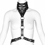 Leather PU-leather faux-leather apparel tops harness body-harness collar choker adjustable buckle belt-straps D-ring O-ring strappy edgy dark close-fitting structured fierce ferocity eye-catching fetish fashion alternative alt-fashion punk goth gothic goth-doll streetwear bondage bdsm bdsm-gear costume cosplay halloween female femme feminine womens black