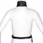 Leather PU-leather faux-leather apparel tops harness body-harness collar choker adjustable buckle belt-straps D-ring O-ring strappy edgy dark close-fitting structured fierce ferocity eye-catching fetish fashion alternative alt-fashion punk goth gothic goth-doll streetwear bondage bdsm bdsm-gear costume cosplay halloween female femme feminine womens black