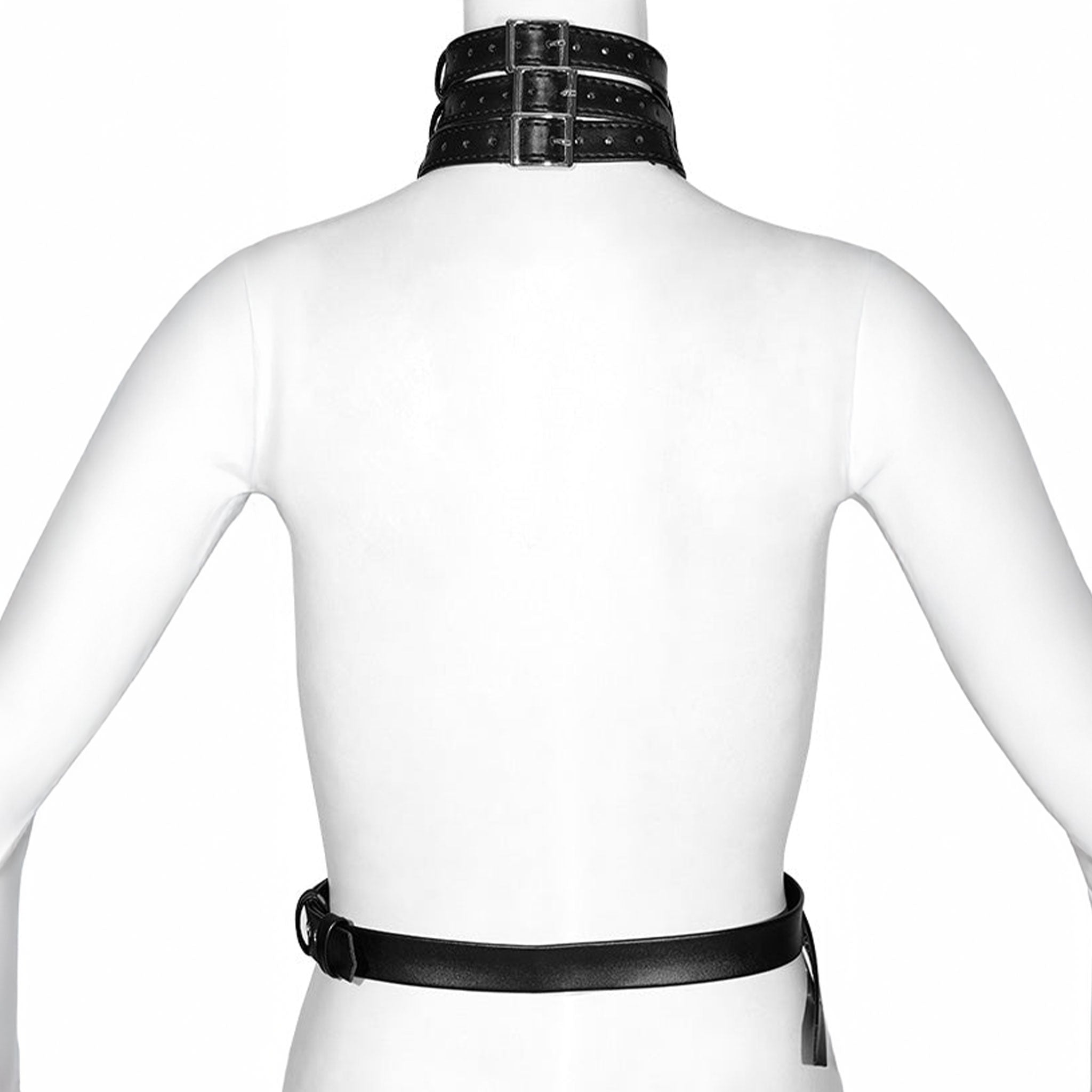 Leather PU-leather faux-leather apparel tops harness body-harness collar choker adjustable buckle belt-straps D-ring O-ring strappy edgy dark close-fitting structured fierce ferocity eye-catching fetish fashion alternative alt-fashion punk goth gothic goth-doll streetwear bondage bdsm bdsm-gear costume cosplay halloween female femme feminine womens black