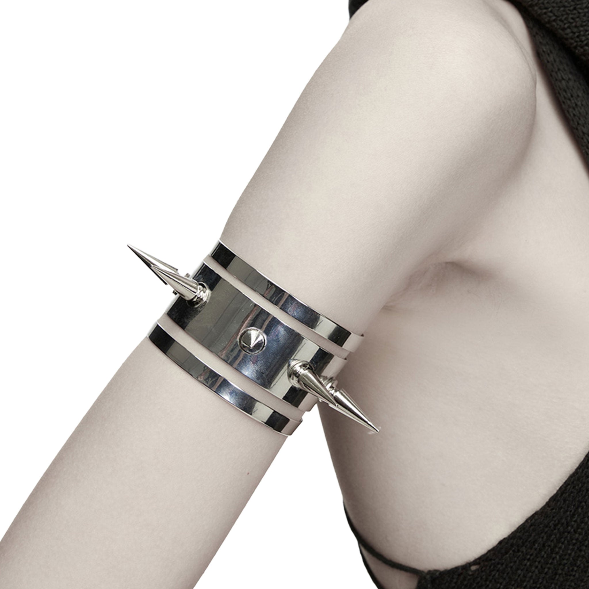 Iron accessories arm-gear jewelry wrist-cuff arm-cuff spikes spiked screwed-in open-cuff flexible malleable mirror-finish lightweight breathable fetish fashion alt-fashion alternative punk rock goth gothic cyber bedroom dungeon streetwear spicy futuristic hardcore bondage bdsm bdsm-gear bdsm-fashion kink kinky kinkwear sensory-play costume cosplay halloween halloween-accessories costume-accessories afterdark-collection gifts unisex silver 
