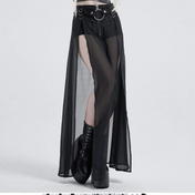punk fake two piece skirt skort black chiffon overlay side split zipper front O ring belt d rings gothic skirt alternative fashion edgy streetwear layered punk clothing