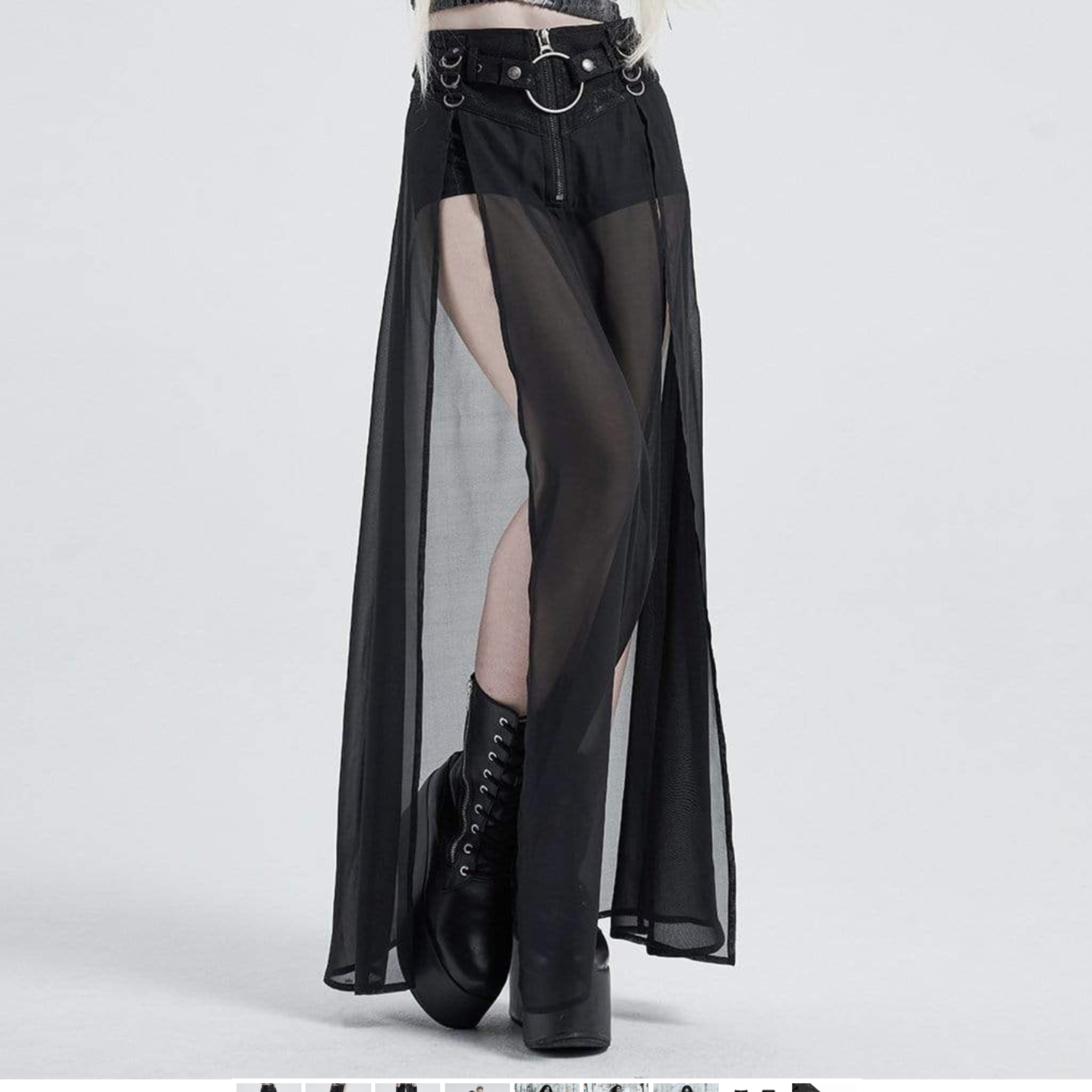 punk fake two piece skirt skort black chiffon overlay side split zipper front O ring belt d rings gothic skirt alternative fashion edgy streetwear layered punk clothing