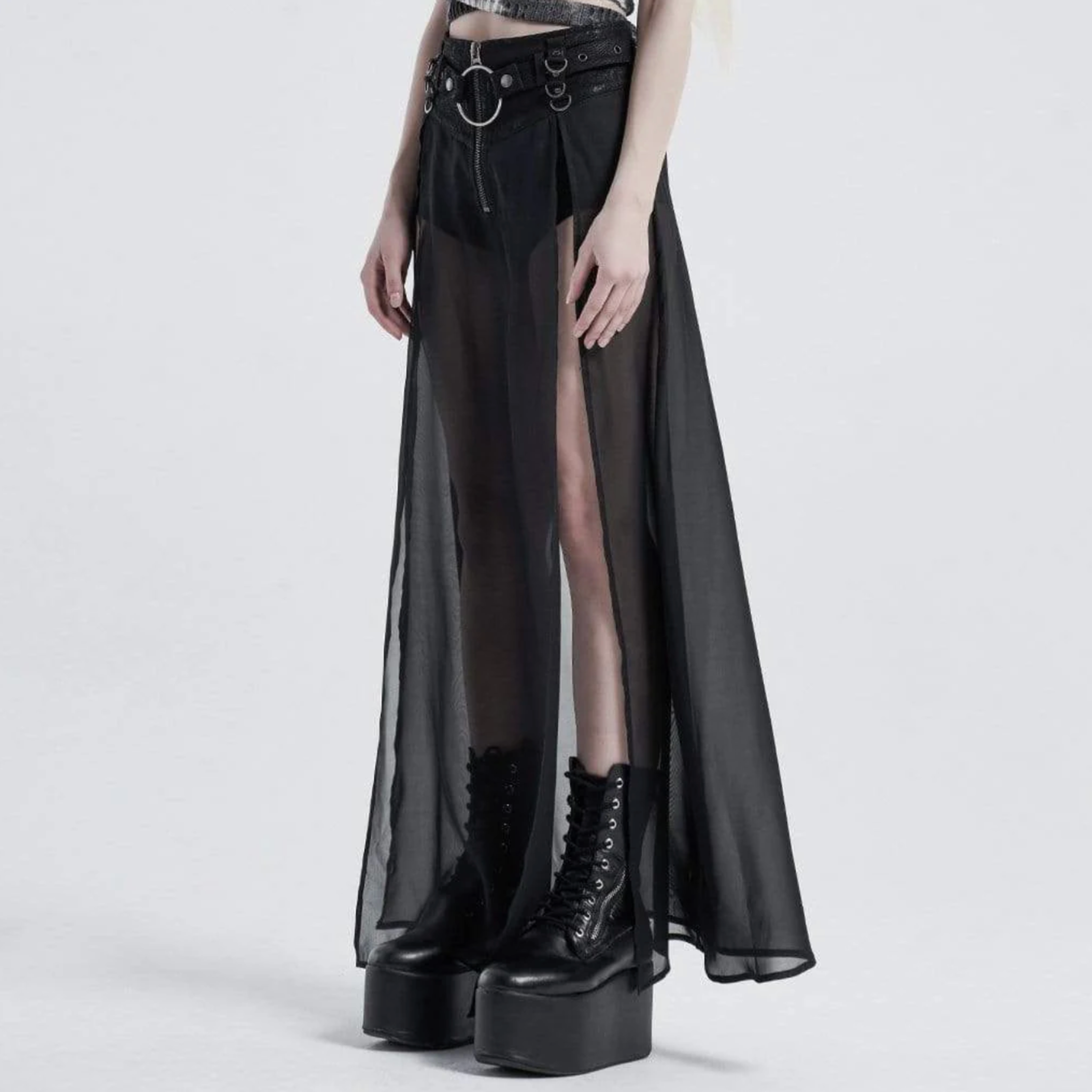 punk fake two piece skirt skort black chiffon overlay side split zipper front O ring belt d rings gothic skirt alternative fashion edgy streetwear layered punk clothing