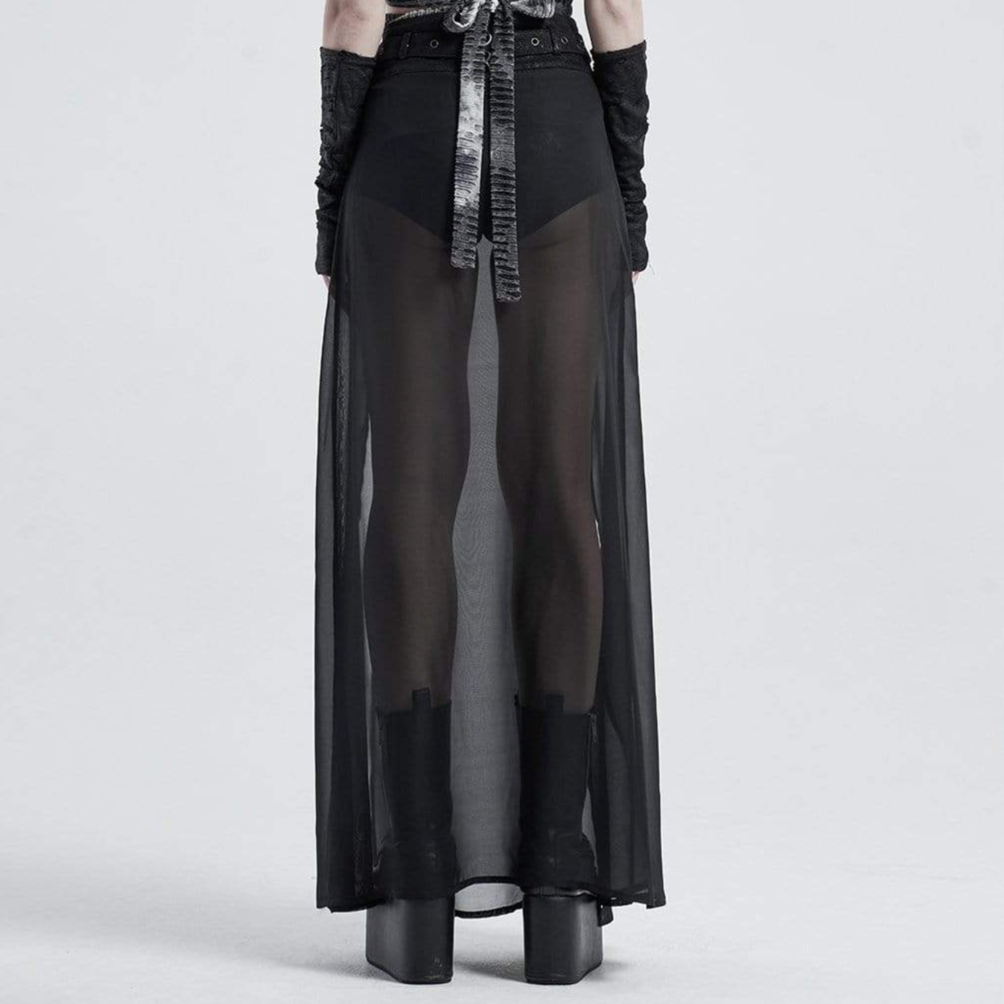punk fake two piece skirt skort black chiffon overlay side split zipper front O ring belt d rings gothic skirt alternative fashion edgy streetwear layered punk clothing