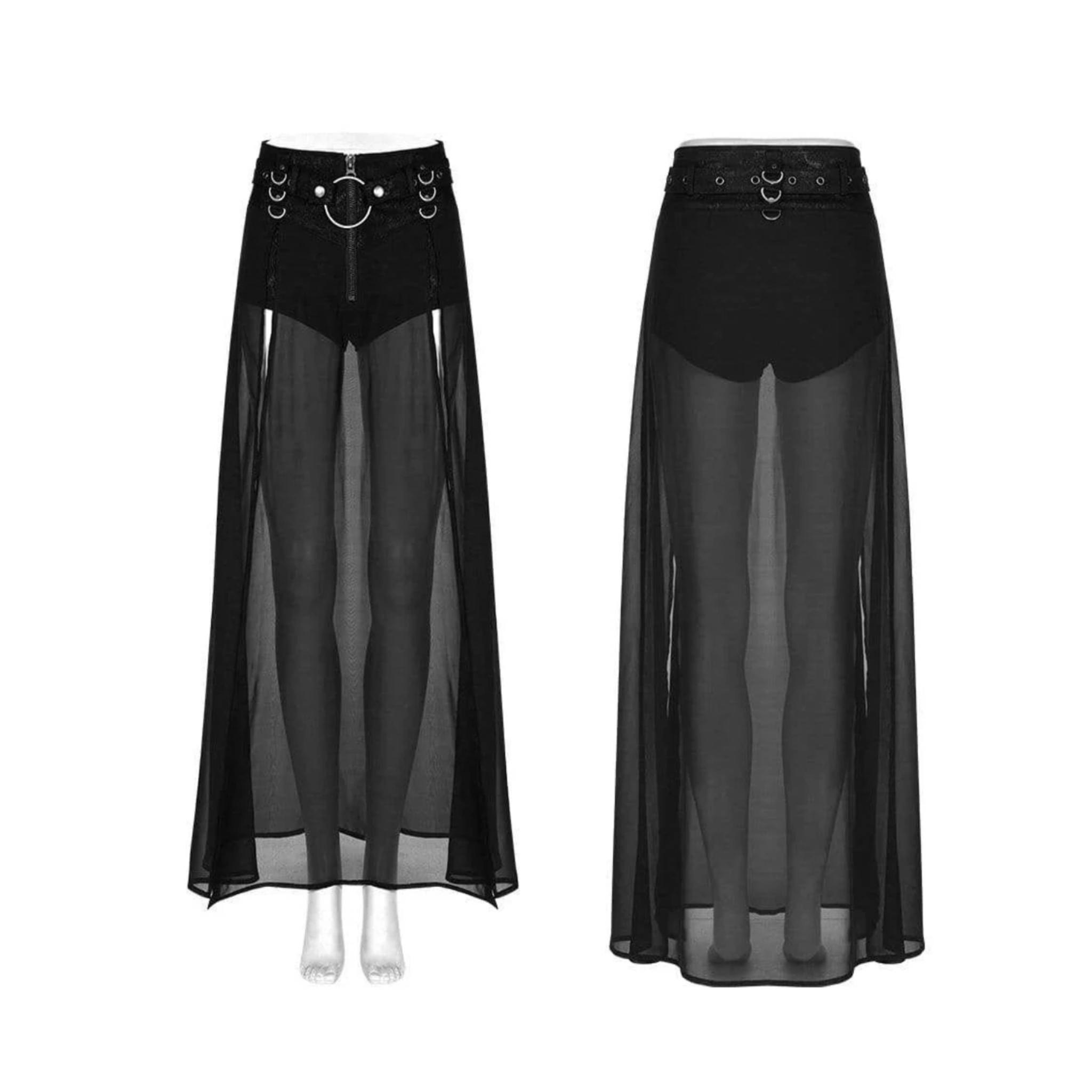 punk fake two piece skirt skort black chiffon overlay side split zipper front O ring belt d rings gothic skirt alternative fashion edgy streetwear layered punk clothing