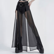 PU knit-fabric cotton cotton-twill Spandex chiffon chiffon-overlay semi-transparent sheer apparel bottoms skirt maxi-skirt skort side-splits 2pc 2-piece two-piece outer-layer D-ring waist-accents adjustable removable-belt O-ring zipper front-zip flowy soft elastic stretchy edgy layered fetish fashion alt-fashion alternative punk goth gothic goth-doll cyber festival rave ravewear raver-babe dancewear streetwear afterdark afterdark-collection female femme feminine women black