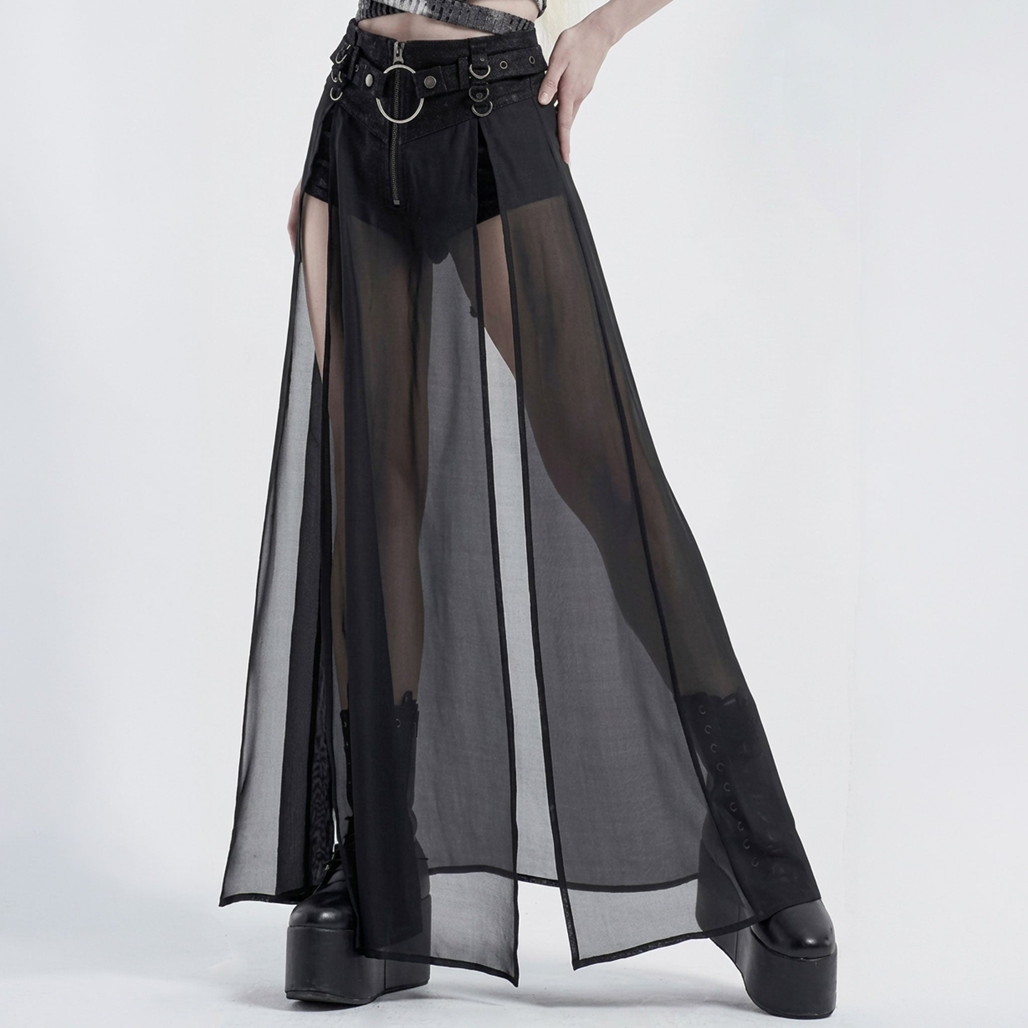 PU knit-fabric cotton cotton-twill Spandex chiffon chiffon-overlay semi-transparent sheer apparel bottoms skirt maxi-skirt skort side-splits 2pc 2-piece two-piece outer-layer D-ring waist-accents adjustable removable-belt O-ring zipper front-zip flowy soft elastic stretchy edgy layered fetish fashion alt-fashion alternative punk goth gothic goth-doll cyber festival rave ravewear raver-babe dancewear streetwear afterdark afterdark-collection female femme feminine women black