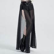 PU knit-fabric cotton cotton-twill Spandex chiffon chiffon-overlay semi-transparent sheer apparel bottoms skirt maxi-skirt skort side-splits 2pc 2-piece two-piece outer-layer D-ring waist-accents adjustable removable-belt O-ring zipper front-zip flowy soft elastic stretchy edgy layered fetish fashion alt-fashion alternative punk goth gothic goth-doll cyber festival rave ravewear raver-babe dancewear streetwear afterdark afterdark-collection female femme feminine women black