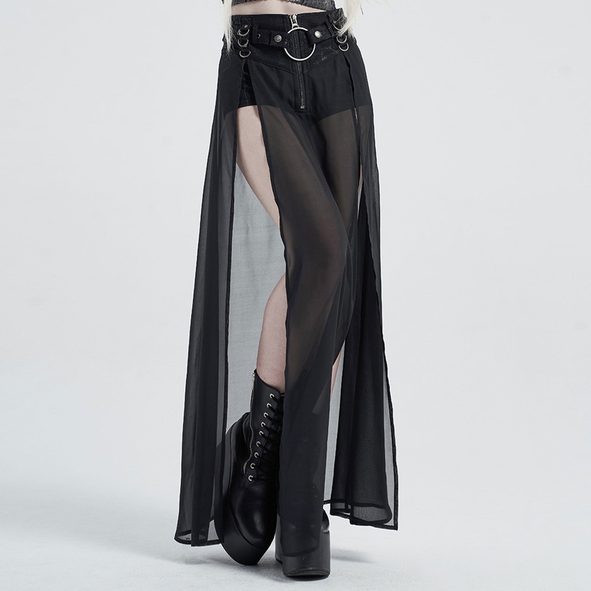 PU knit-fabric cotton cotton-twill Spandex chiffon chiffon-overlay semi-transparent sheer apparel bottoms skirt maxi-skirt skort side-splits 2pc 2-piece two-piece outer-layer D-ring waist-accents adjustable removable-belt O-ring zipper front-zip flowy soft elastic stretchy edgy layered fetish fashion alt-fashion alternative punk goth gothic goth-doll cyber festival rave ravewear raver-babe dancewear streetwear afterdark afterdark-collection female femme feminine women black