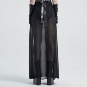 PU knit-fabric cotton cotton-twill Spandex chiffon chiffon-overlay semi-transparent sheer apparel bottoms skirt maxi-skirt skort side-splits 2pc 2-piece two-piece outer-layer D-ring waist-accents adjustable removable-belt O-ring zipper front-zip flowy soft elastic stretchy edgy layered fetish fashion alt-fashion alternative punk goth gothic goth-doll cyber festival rave ravewear raver-babe dancewear streetwear afterdark afterdark-collection female femme feminine women black