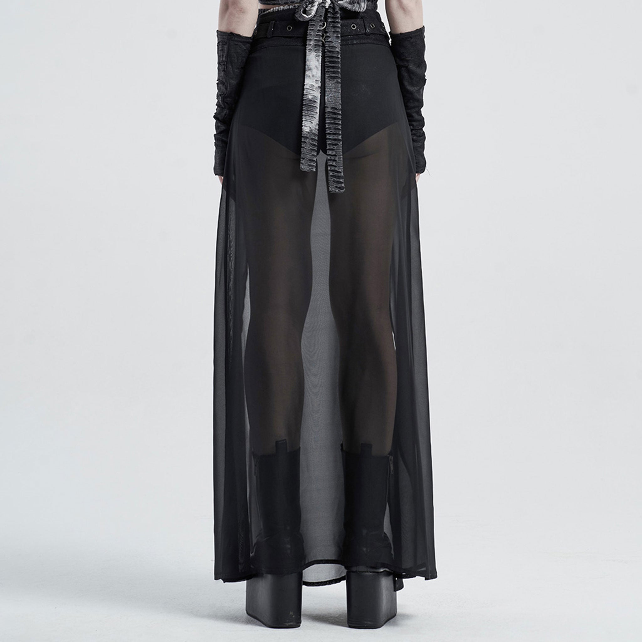 PU knit-fabric cotton cotton-twill Spandex chiffon chiffon-overlay semi-transparent sheer apparel bottoms skirt maxi-skirt skort side-splits 2pc 2-piece two-piece outer-layer D-ring waist-accents adjustable removable-belt O-ring zipper front-zip flowy soft elastic stretchy edgy layered fetish fashion alt-fashion alternative punk goth gothic goth-doll cyber festival rave ravewear raver-babe dancewear streetwear afterdark afterdark-collection female femme feminine women black