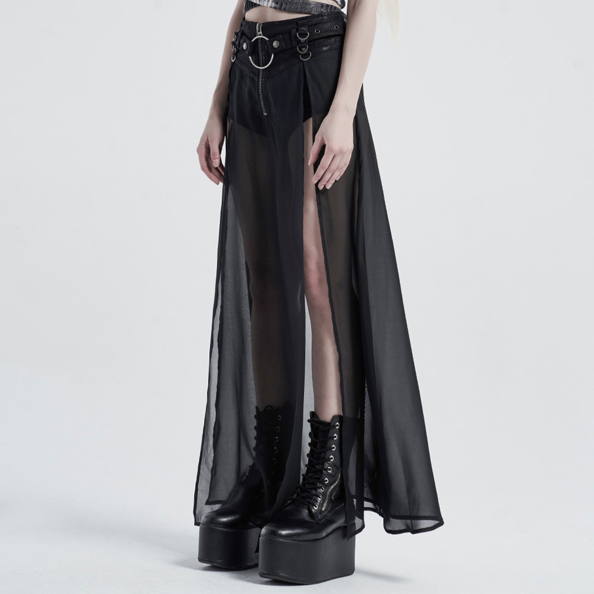 PU knit-fabric cotton cotton-twill Spandex chiffon chiffon-overlay semi-transparent sheer apparel bottoms skirt maxi-skirt skort side-splits 2pc 2-piece two-piece outer-layer D-ring waist-accents adjustable removable-belt O-ring zipper front-zip flowy soft elastic stretchy edgy layered fetish fashion alt-fashion alternative punk goth gothic goth-doll cyber festival rave ravewear raver-babe dancewear streetwear afterdark afterdark-collection female femme feminine women black
