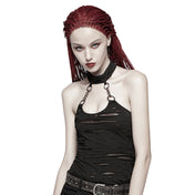 Polyester viscose knit-fabric metallic-chain apparel top halter-top halter halterneck sleeveless textured distressed ripped-fabric ripped-hole broken-hole O-ring collar adjustable press-stud snap-button breathable industrial edgy bold fitted fetish fashion alternative alt-fashion punk goth gothic goth-doll cyber rave ravewear streetwear afterdark-collection female femme feminine womens black