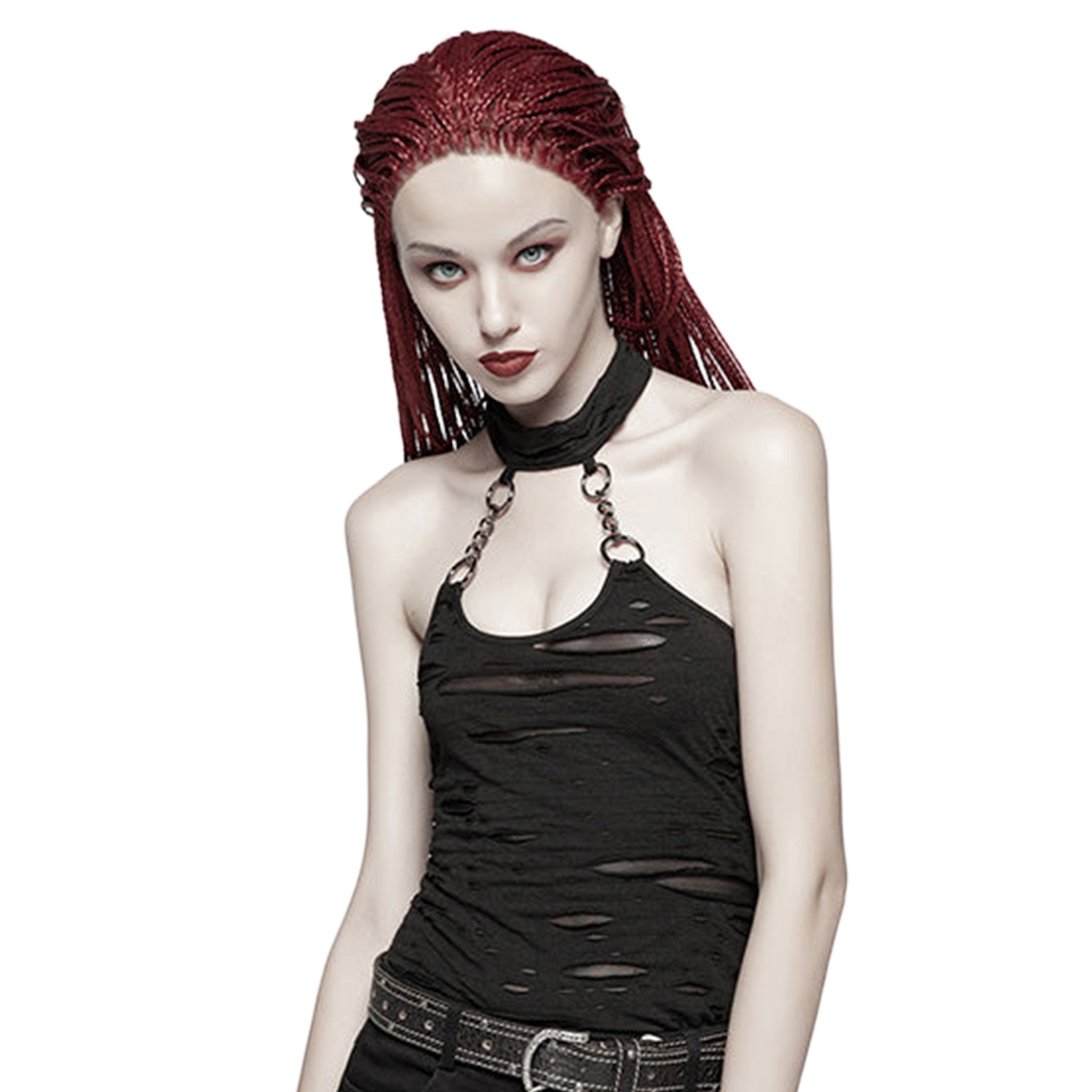 Polyester viscose knit-fabric metallic-chain apparel top halter-top halter halterneck sleeveless textured distressed ripped-fabric ripped-hole broken-hole O-ring collar adjustable press-stud snap-button breathable industrial edgy bold fitted fetish fashion alternative alt-fashion punk goth gothic goth-doll cyber rave ravewear streetwear afterdark-collection female femme feminine womens black