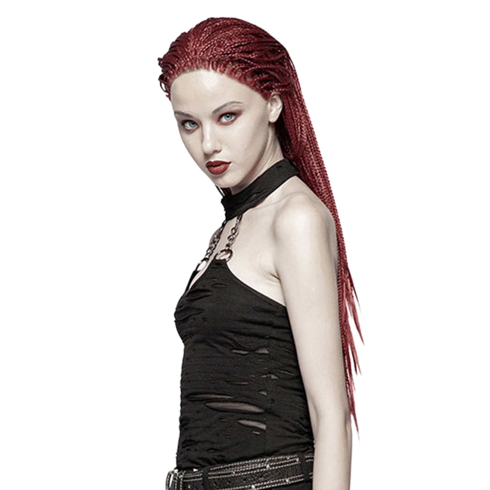 Polyester viscose knit-fabric metallic-chain apparel top halter-top halter halterneck sleeveless textured distressed ripped-fabric ripped-hole broken-hole O-ring collar adjustable press-stud snap-button breathable industrial edgy bold fitted fetish fashion alternative alt-fashion punk goth gothic goth-doll cyber rave ravewear streetwear afterdark-collection female femme feminine womens black