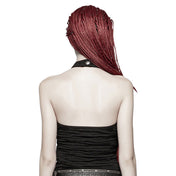 Polyester viscose knit-fabric metallic-chain apparel top halter-top halter halterneck sleeveless textured distressed ripped-fabric ripped-hole broken-hole O-ring collar adjustable press-stud snap-button breathable industrial edgy bold fitted fetish fashion alternative alt-fashion punk goth gothic goth-doll cyber rave ravewear streetwear afterdark-collection female femme feminine womens black