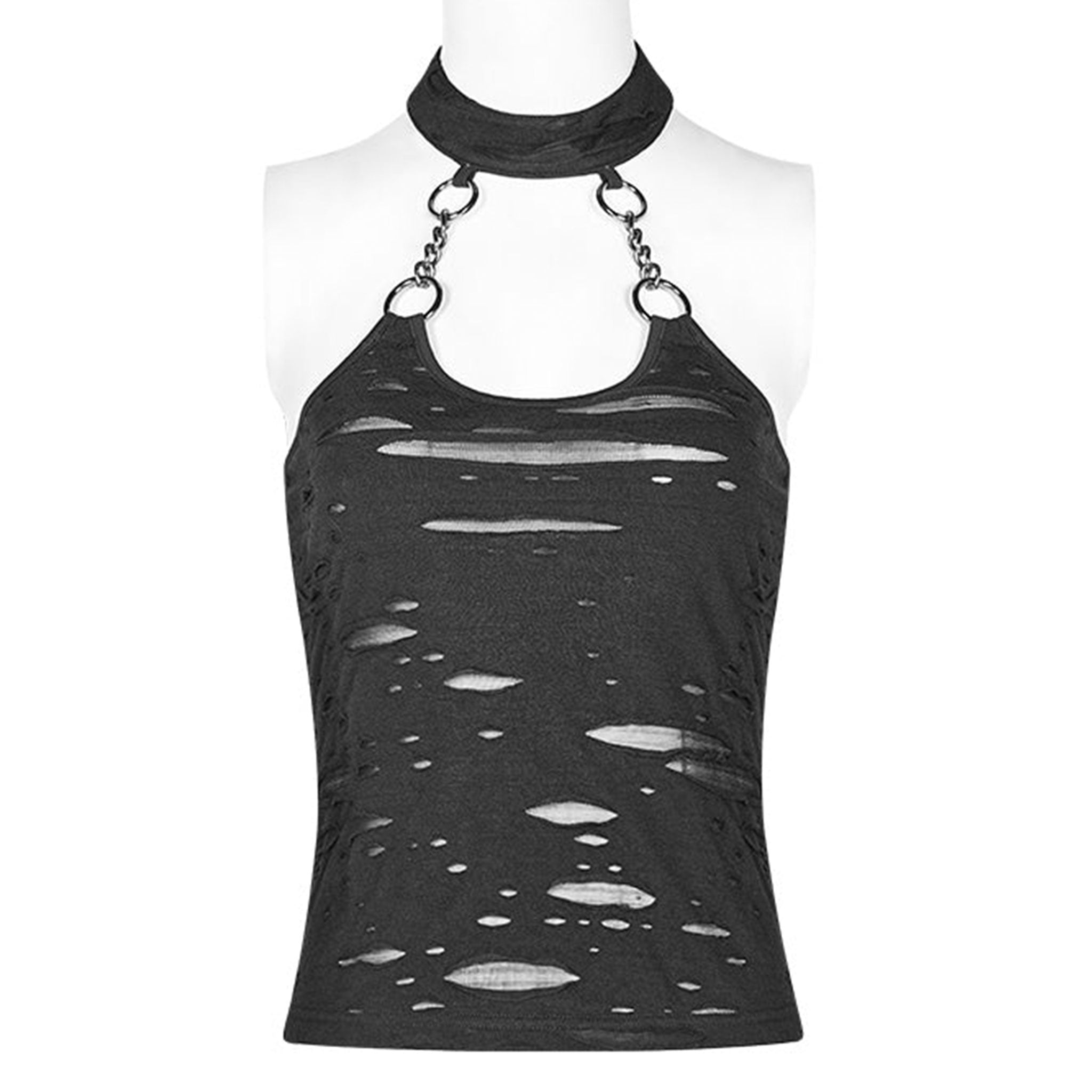 Polyester viscose knit-fabric metallic-chain apparel top halter-top halter halterneck sleeveless textured distressed ripped-fabric ripped-hole broken-hole O-ring collar adjustable press-stud snap-button breathable industrial edgy bold fitted fetish fashion alternative alt-fashion punk goth gothic goth-doll cyber rave ravewear streetwear afterdark-collection female femme feminine womens black