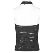 Polyester viscose knit-fabric metallic-chain apparel top halter-top halter halterneck sleeveless textured distressed ripped-fabric ripped-hole broken-hole O-ring collar adjustable press-stud snap-button breathable industrial edgy bold fitted fetish fashion alternative alt-fashion punk goth gothic goth-doll cyber rave ravewear streetwear afterdark-collection female femme feminine womens black