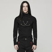 Punk high collar long sleeve men’s shirt, gothic alternative top with sharp structured neckline, fitted sleeves, sleek silhouette, versatile black punk fashion shirt for concerts, clubs, and streetwear style