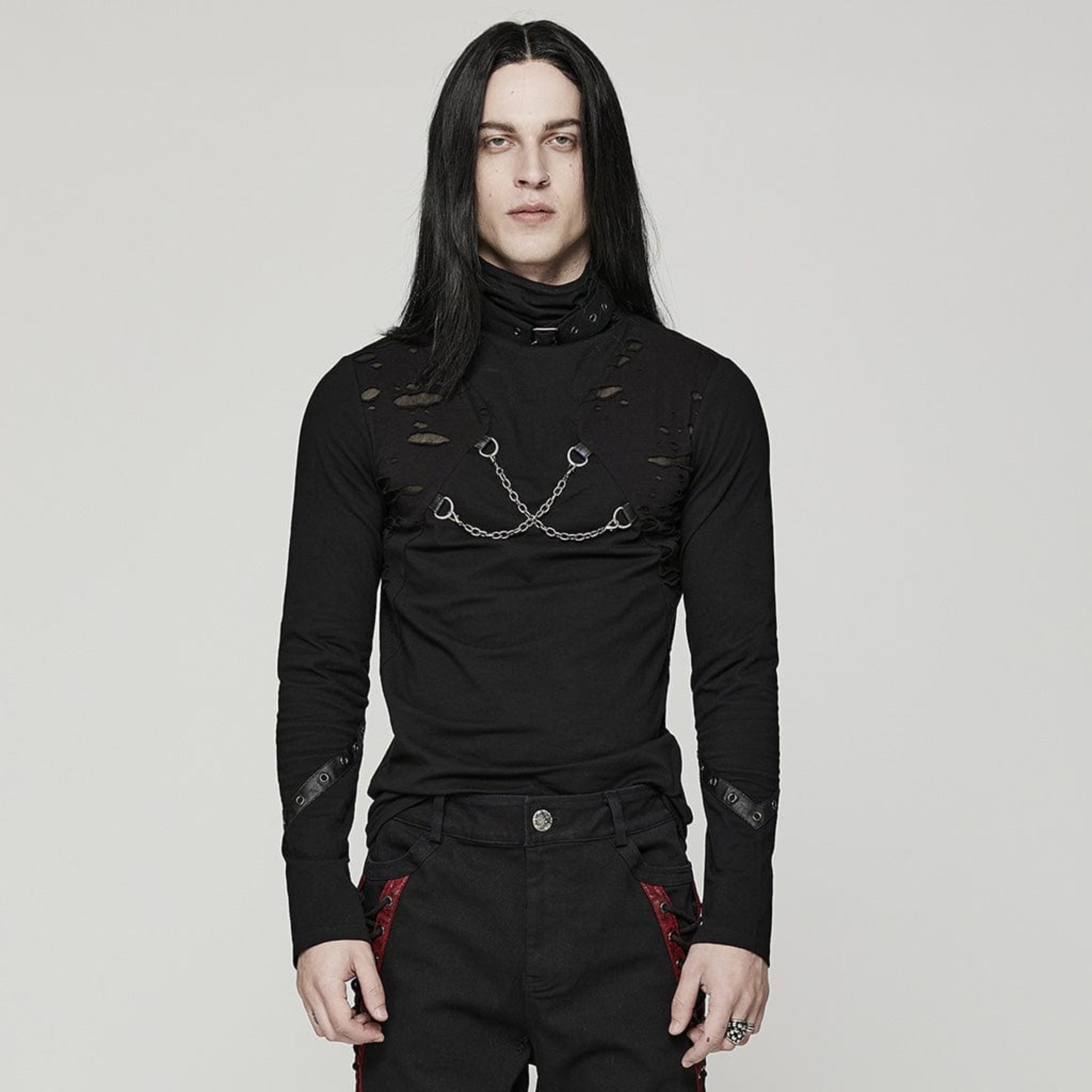 Punk high collar long sleeve men’s shirt, gothic alternative top with sharp structured neckline, fitted sleeves, sleek silhouette, versatile black punk fashion shirt for concerts, clubs, and streetwear style